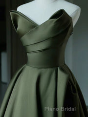 A-Line V Neck Satin Green Long Formal Prom Dress, Green Long Formal Dress