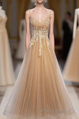 Champagne Tulle Lace Long Formal Prom Dresses, Champagne Evening Dresses, 9