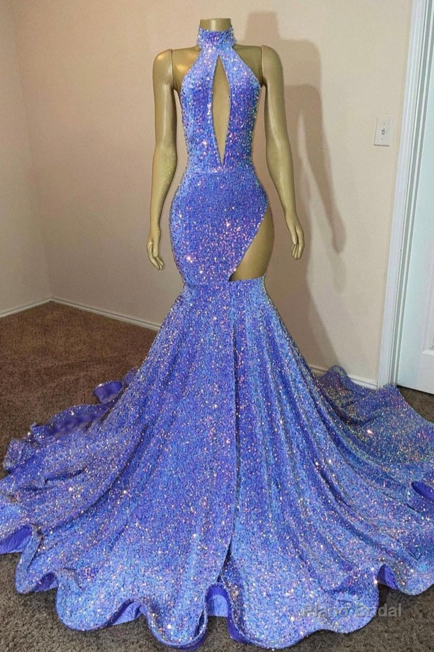 Halter Sequin Lavender Keyhole Mermaid Prom Dresses with Cutout Main image
