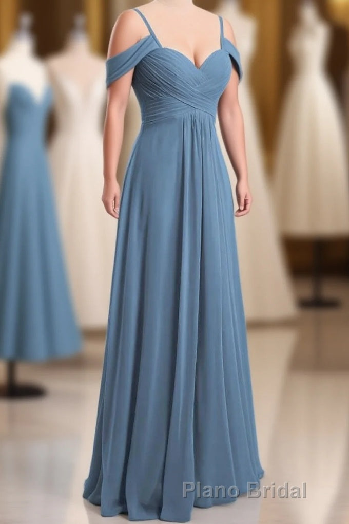 Dusty Blue Chiffon Cold Shoulder A-Line Long Bridesmaid Dresses Main image
