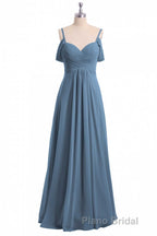 Dusty Blue Chiffon Cold Shoulder A-Line Long Bridesmaid Dresses