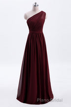 One Shoulder Burgundy A-line Chiffon Long Bridesmaid Dresses