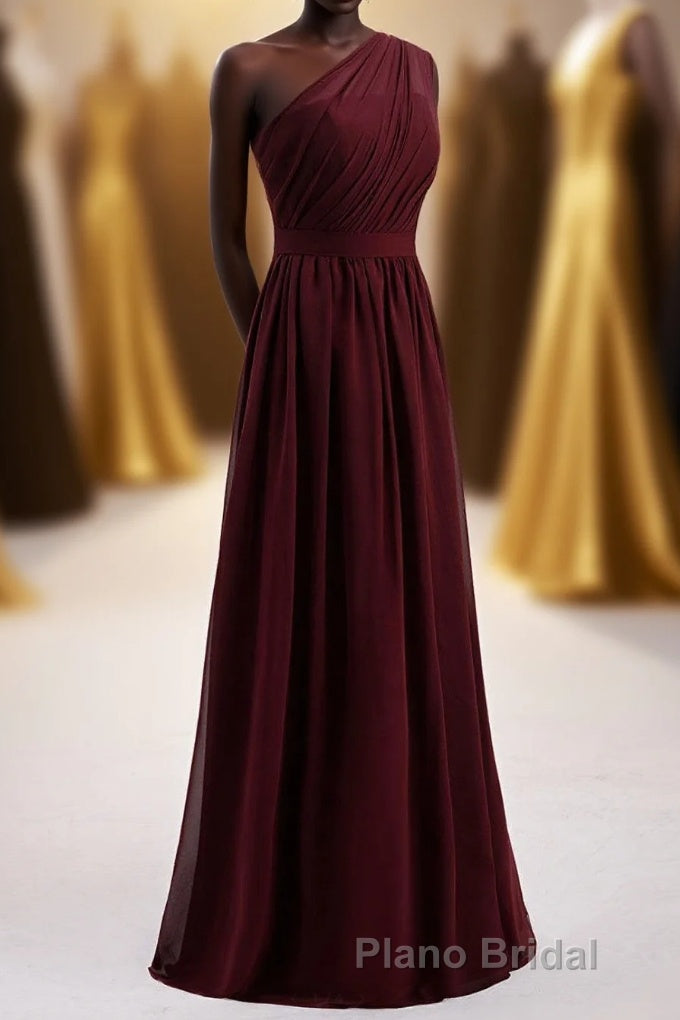 One Shoulder Burgundy A-line Chiffon Long Bridesmaid Dresses Main image