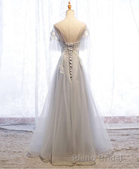 Gray Tulle Lace Long Formal Prom Dresses, Gray Tulle Lace Evening Dresses, 5