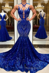 Sequins Royal Blue Sleeveless Mermaid Formal Prom Dress