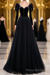 Black Tulle Long Formal Prom Dresses, Black Tulle Prom Dresses