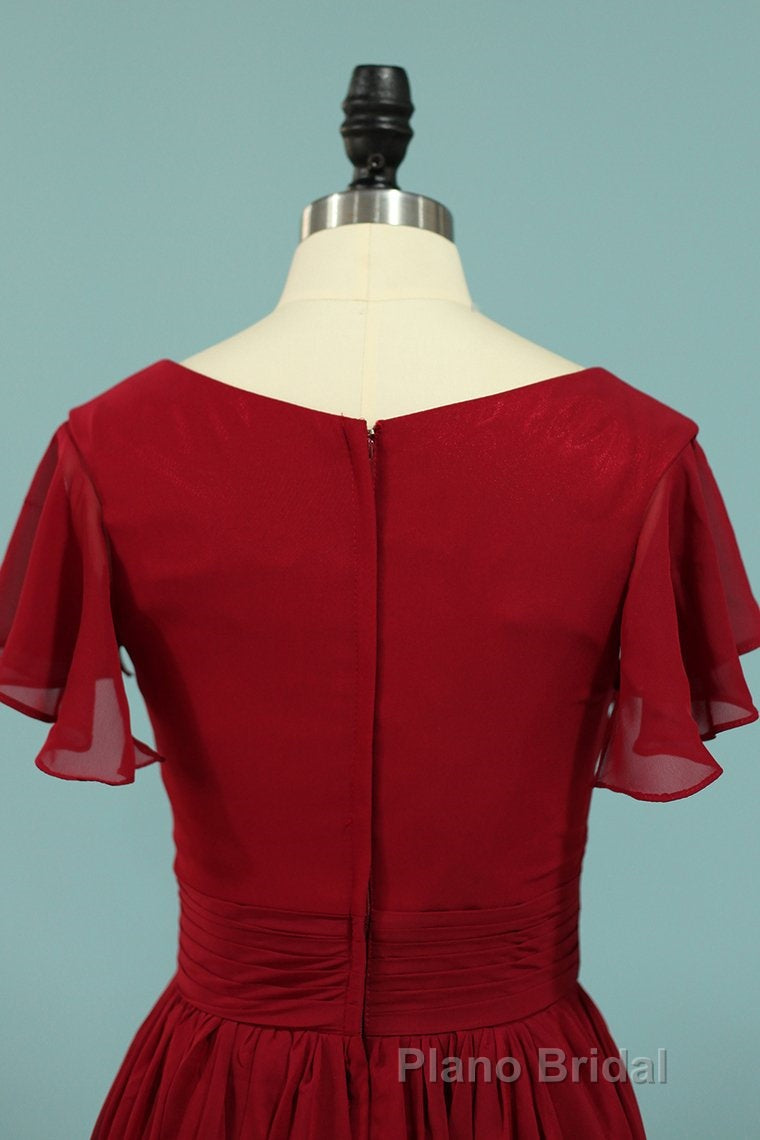 Red Chiffon V-Neck Ruffled A-Line Long Bridesmaid Dresses