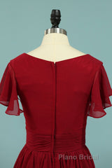 Red Chiffon V-Neck Ruffled A-Line Long Bridesmaid Dresses