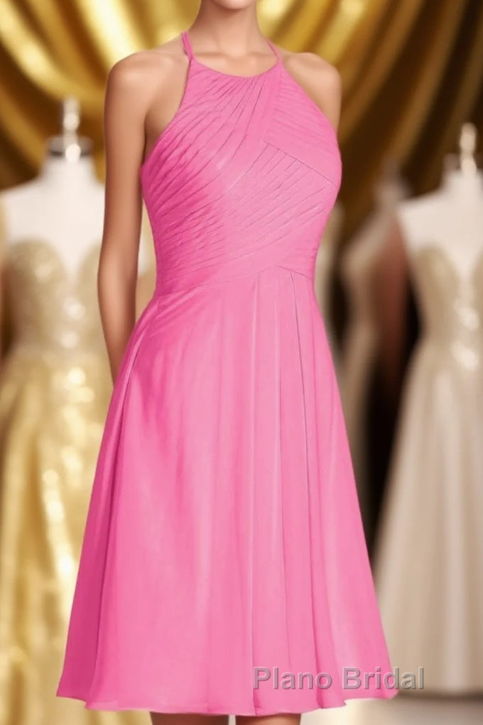 Neon Pink Halter A-Line Short Bridesmaid Dresses Main image