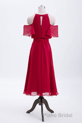 Red Chiffon Cold Sleeves Short Ruffles Bridesmaid Dresses
