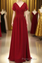 Red Chiffon V-Neck Ruffled A-Line Long Bridesmaid Dresses