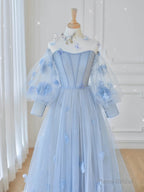 Blue Tulle Lace Long Prom Dress, Blue Tulle Lace Long Evening Dress