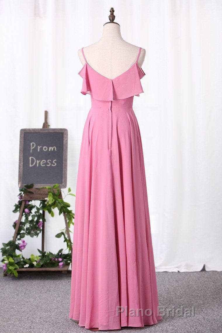 Pink Chiffon Straps Ruffled A-Line Long Bridesmaid Dresses