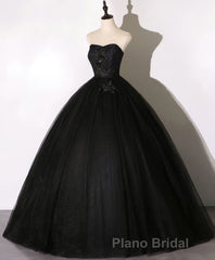 Black Sweetheart Neck Tulle Long Formal Prom Dresses, Black Evening Dresses