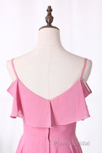 Pink Chiffon Straps Ruffled A-Line Long Bridesmaid Dresses