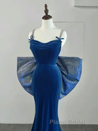 Simple Velvet Blue Mermaid Long Formal Prom Dress, Backless Velvet Blue Evening Dress