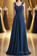 Navy Blue Chiffon Sweetheart A-Line Long Bridesmaid Dresses