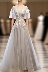 Gray Tulle Lace Long Formal Prom Dresses, Gray Tulle Lace Evening Dresses, 5
