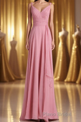 Pink V-Neck Lace-Up Long Bridesmaid Dresses