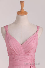 Pink V-Neck Lace-Up Long Bridesmaid Dresses
