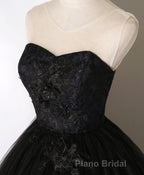 Black Sweetheart Neck Tulle Long Formal Prom Dresses, Black Evening Dresses