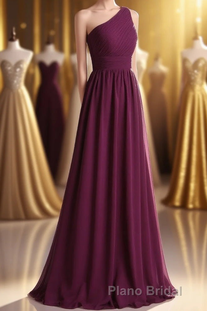 Magenta Chiffon One-Shoulder A-Line Long Bridesmaid Dresses Main image