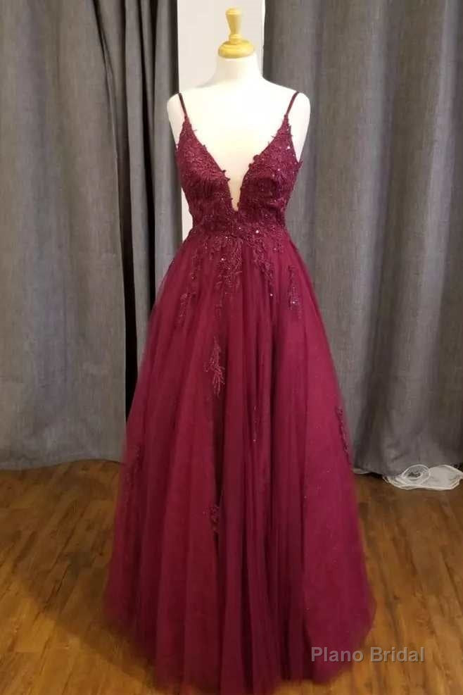 Wine Lace Appliques V-Neck A-Line Prom Dress Main image