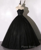 Black Sweetheart Neck Tulle Long Formal Prom Dresses, Black Evening Dresses