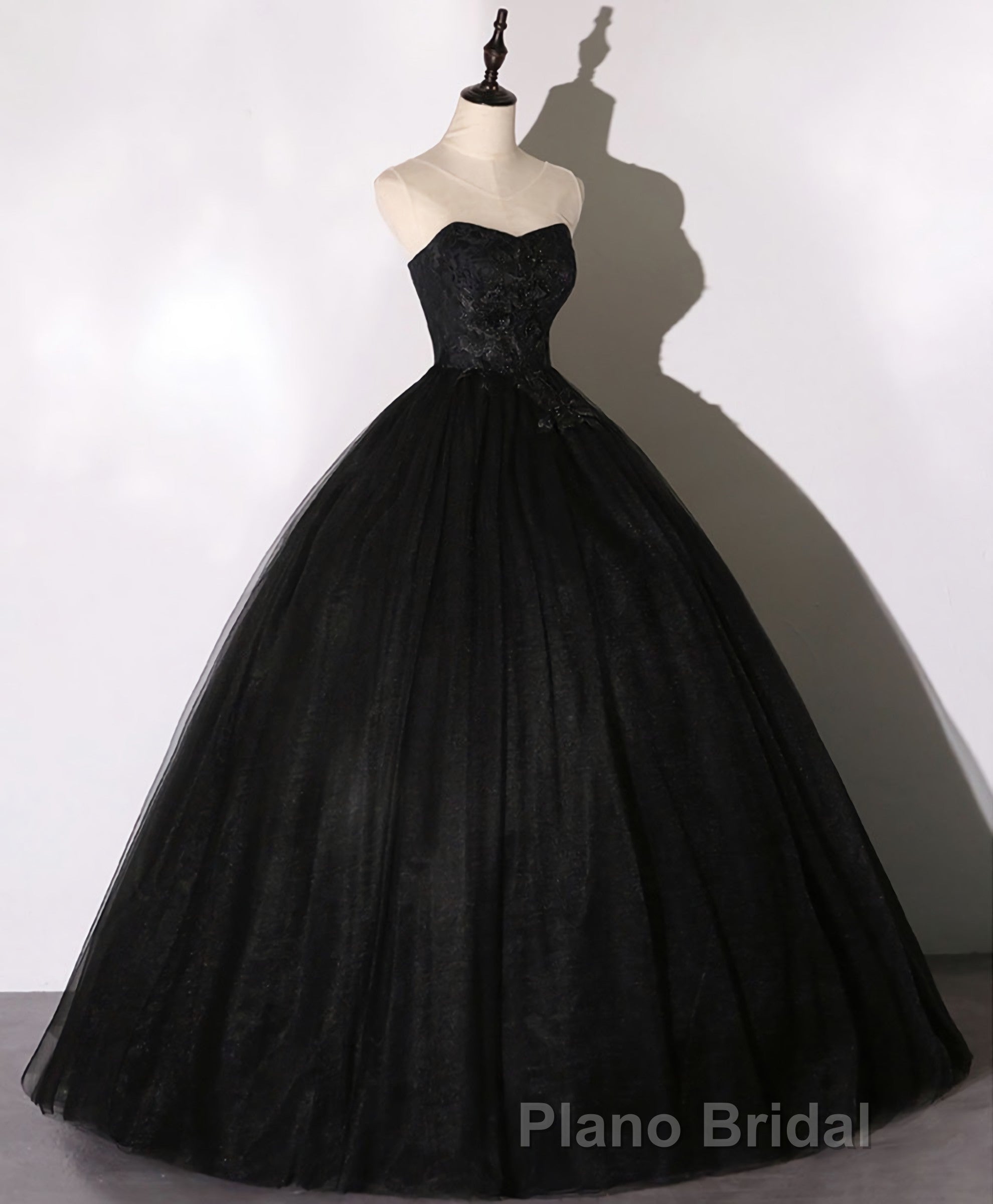 Black Sweetheart Neck Tulle Long Formal Prom Dresses, Black Evening Dresses