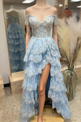 Light Blue Lace Sweetheart Tiered Long Formal Prom Dresses with Slit