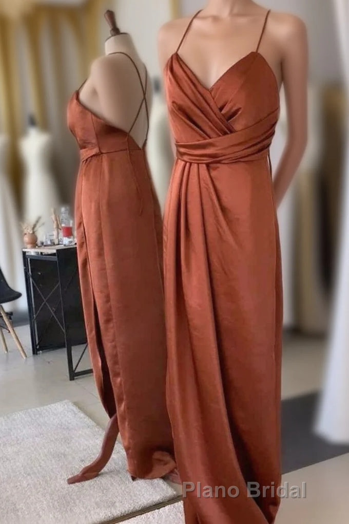 Burnt Orange Backless Long Bridesmaid Dresses with Slit Main image