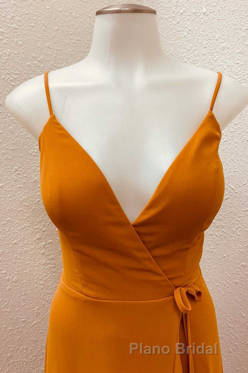 Rust V-Neck Spaghetti Straps Ruffled Long Bridesmaid Dresses Secondary image