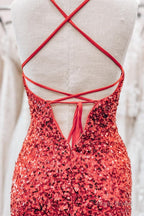 Red Lace-Up Sequins Sheath V Neck Homecoming Dress with Tassels