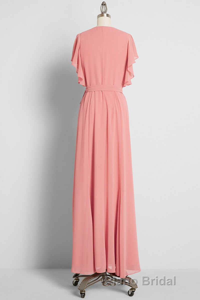 Peach Wrap Ruffled Long Bridesmaid Dresses
