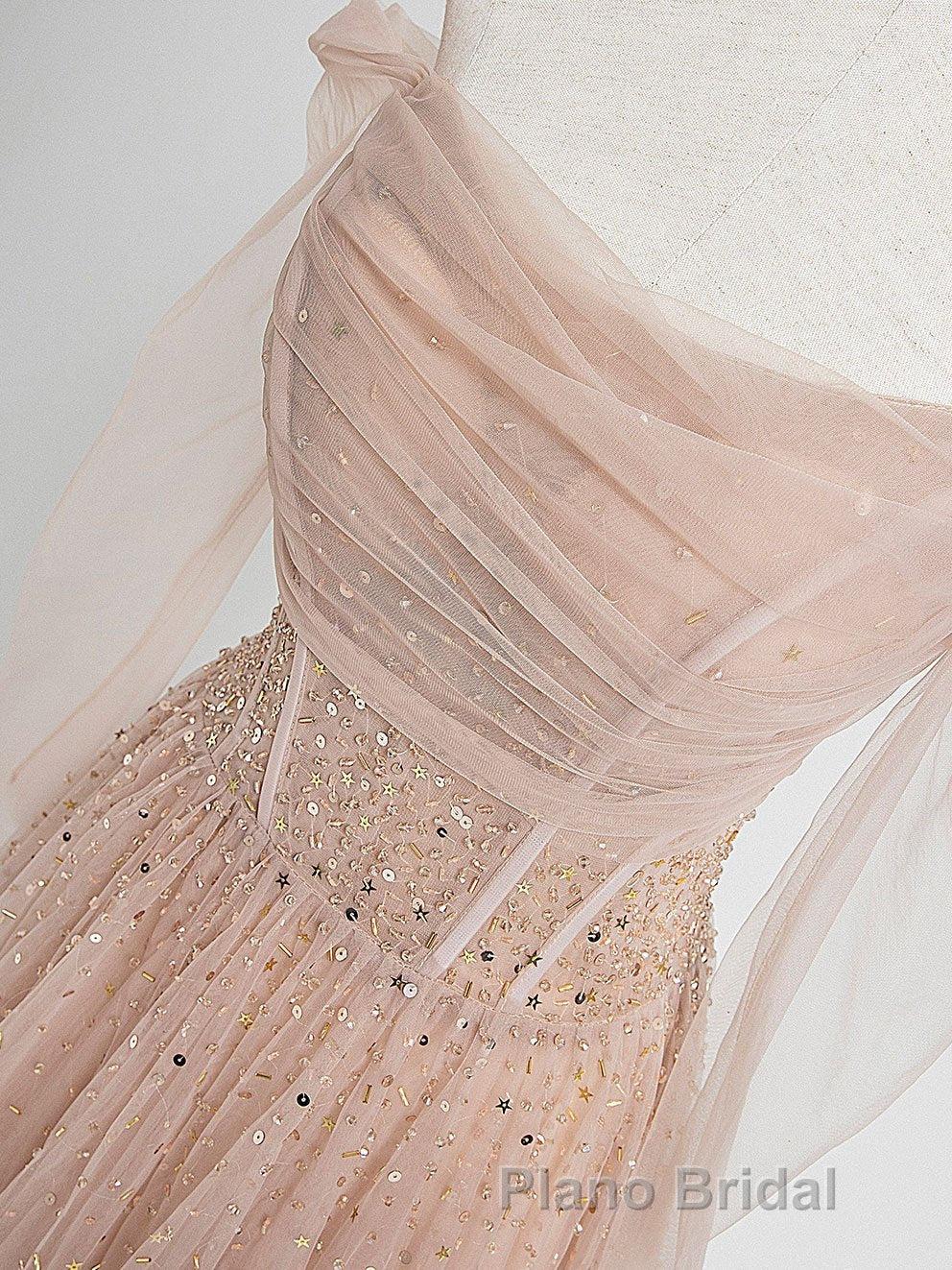 Champagne Pink Tulle Beads Long Formal Prom Dresses, Champagne Evening Dresses