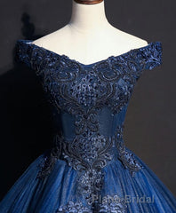 Blue Tulle Lace Off Shoulder Long Formal Prom Dresses, Blue Tulle Lace Evening Dresses