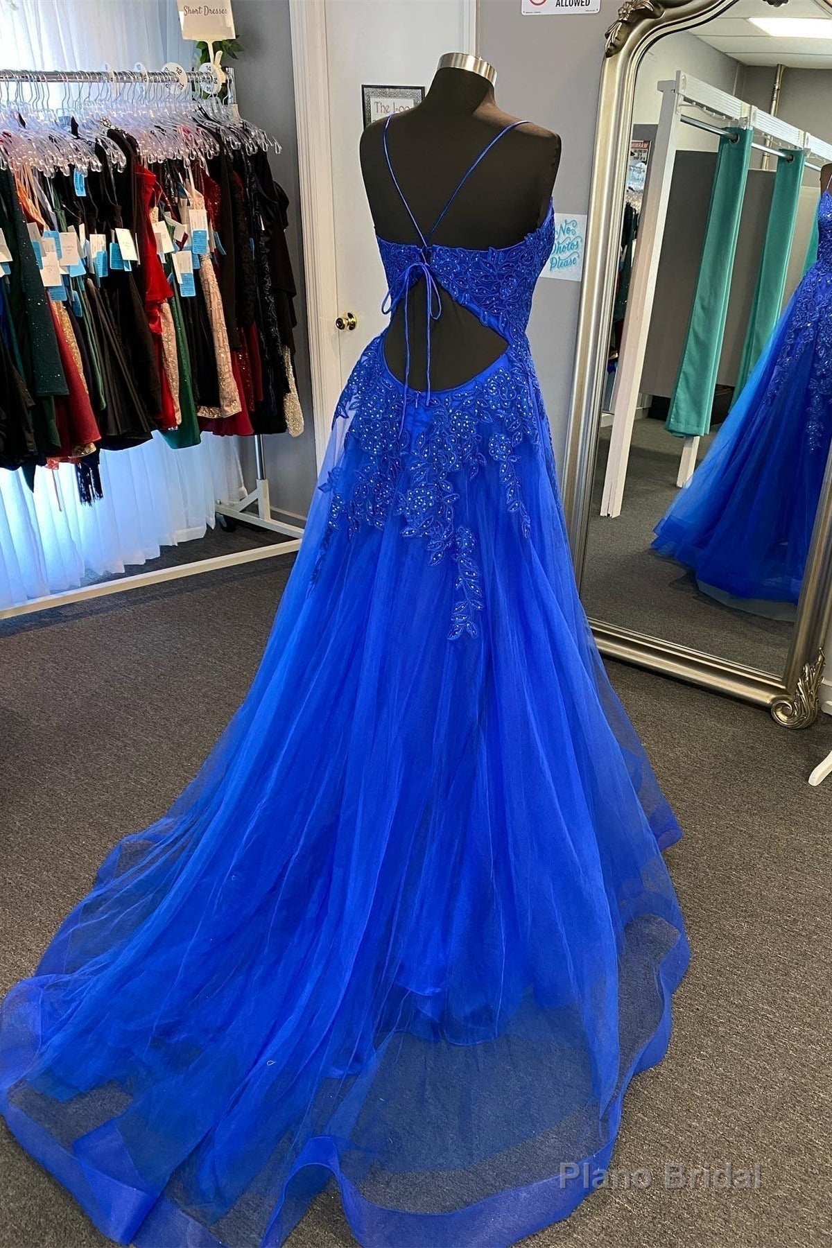 Royal Blue Appliques Deep V Neck Lace-Up A-line Tulle Long Prom Dress Secondary image