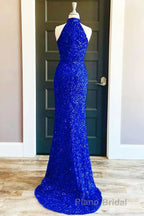 Blue Sequin Halter Long Prom Dresses with Slit