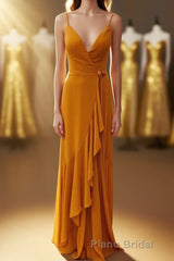 Rust V-Neck Spaghetti Straps Ruffled Long Bridesmaid Dresses
