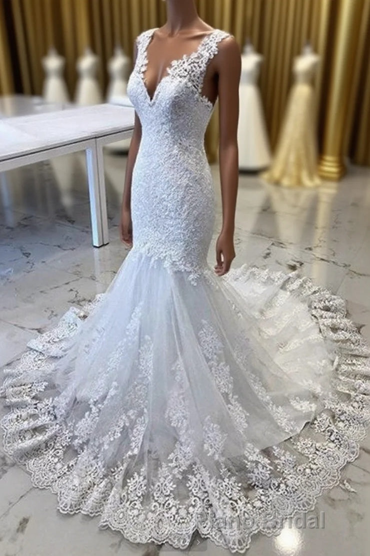 Luxury V Neck Lace Tulle Mermaid Wedding Dresses with Appliques Main image