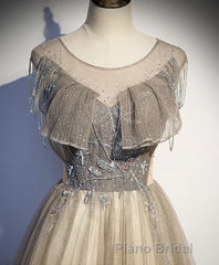 Champagne Round Neck Sequin Long Formal Prom Dresses, Tulle Prom Dresses