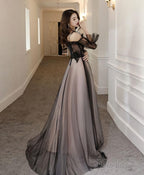 Black Tulle A Line Lace Long Prom Dress, Tulle Lace Formal Dress
