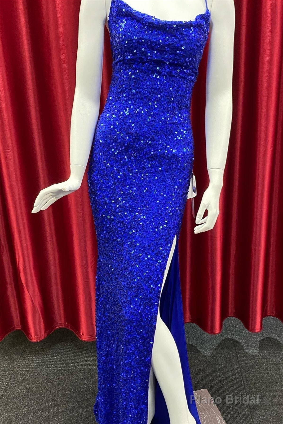 Royal Blue Lace-Up Sequins Mermaid Long Prom Dress with Slit Main image