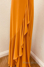 Rust V-Neck Spaghetti Straps Ruffled Long Bridesmaid Dresses