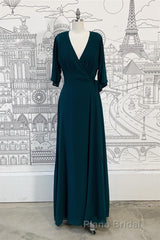Wrap V Neck Sleeves Chiffon Long Bridesmaid Dresses with Sash