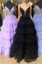 Black Layers Plunging V A-line Floral Long Formal Prom Dresses