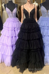 Black Layers Plunging V A-line Floral Long Formal Prom Dresses