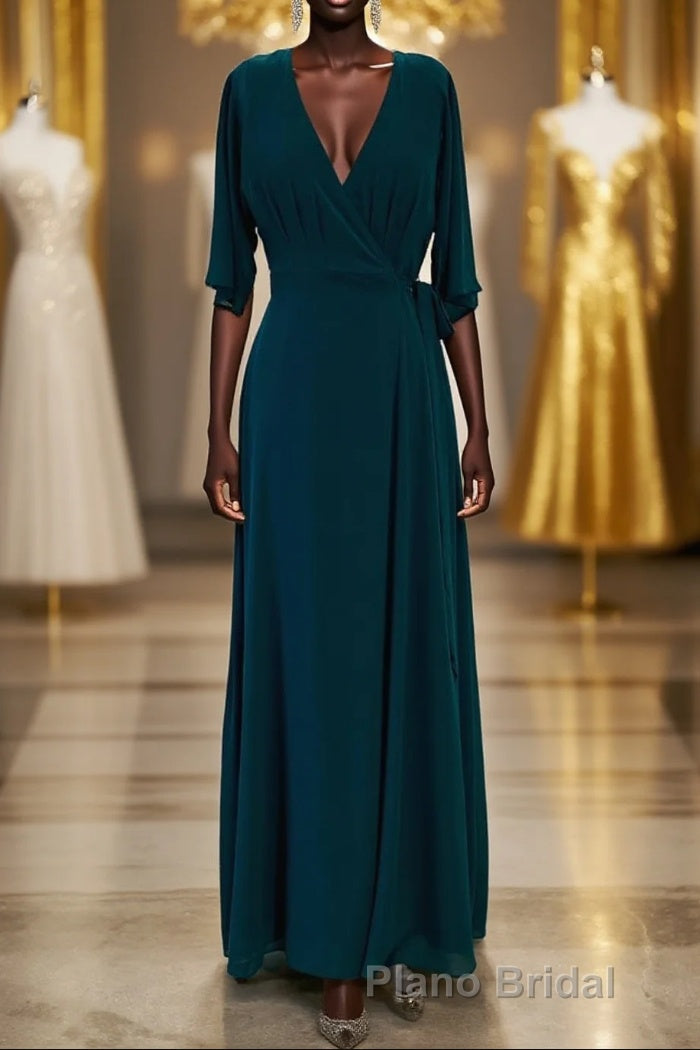 Wrap V Neck Sleeves Chiffon Long Bridesmaid Dresses with Sash Main image