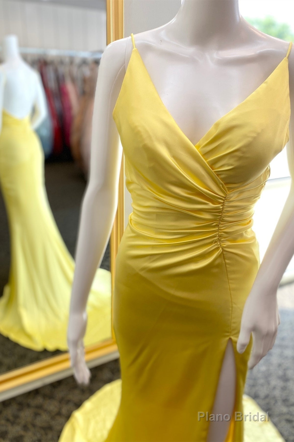 Yellow Surplice Mermaid Pleated Satin Long Prom Dress with Slit Main image