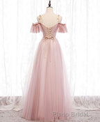 Pink V Neck Tulle Lace Long Formal Prom Dresses, Pink Bridesmaid Dresses, 1